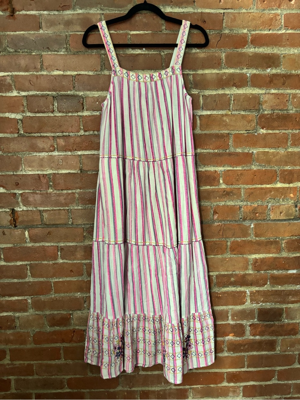SUNDANCE Striped Pink & White Tiered Maxi Sundress with embroidery